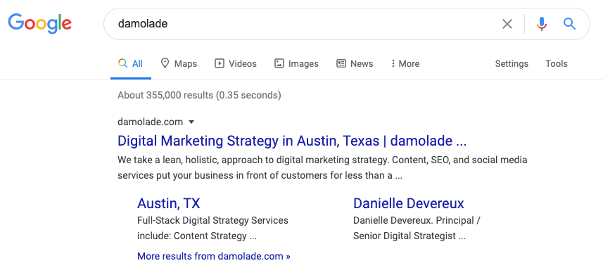 Example search result for my brand name query